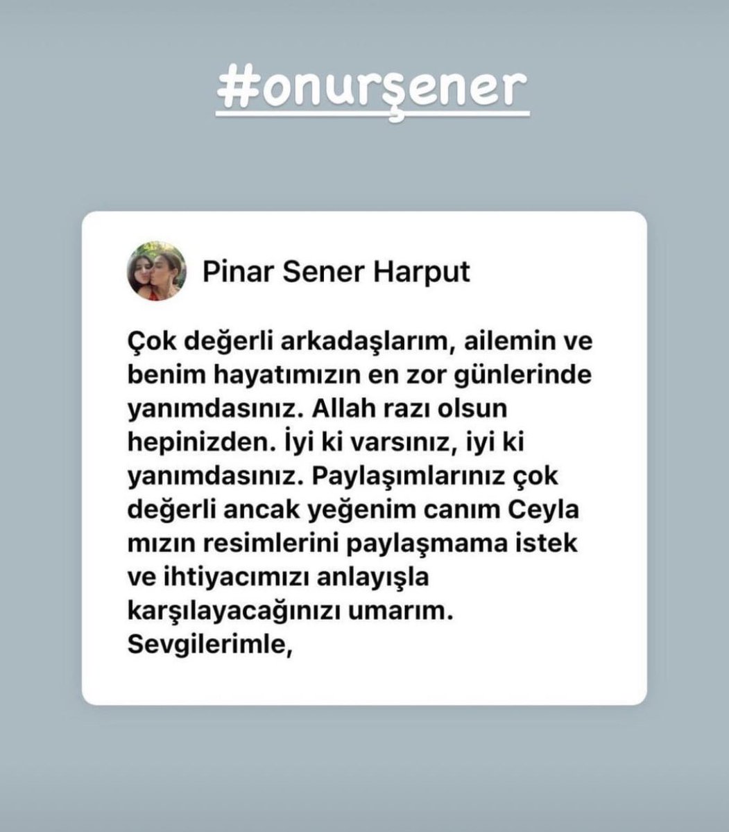 Onur Şener’in ablası, çocukluk arkadaşım Pınar kamuoyundan Onur’un kızı Ceyla’nın fotoğraflarını paylaşmamamızı rica ediyor. Ne olur ailenin bu ricasını paylaşarak duyuralım. #OnurSenerİcinAdalet