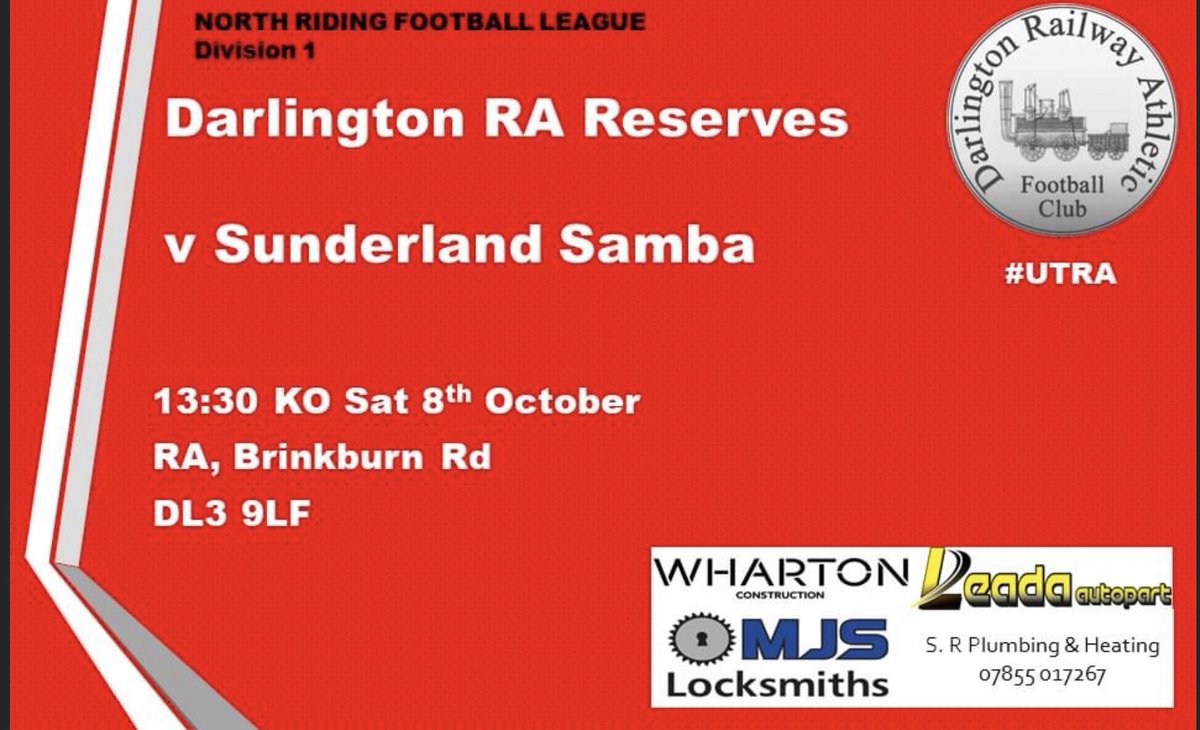 Darlington RA Reserves in action at HOME on Saturday.

📆  8th Oct
🆚  Sunderland Samba
⏰  13:30
🏆  Durham County Minor Cup
📍  RA, Brinkburn Rd, DL3 9LF
🎟  Free entry
🍺  Bar open (Cash and Card)