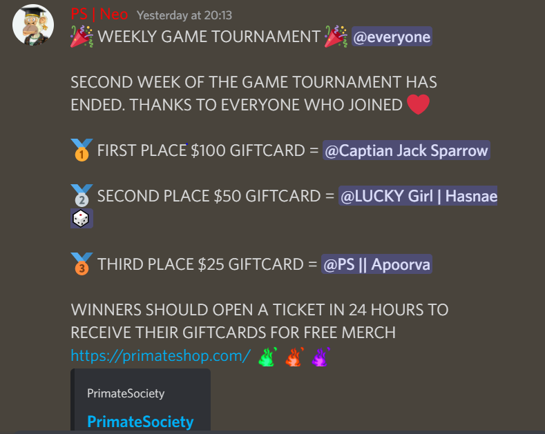 As the <a href="/primate_society/">PrimateSociety</a> fam, we made a game tournament on our Discord with 'gift card' prizes🎁 Here’s an example of a winner who could buy these items completely free! You could be the next! 

Visit: primateshop.com
Discord: discord.gg/primatesociety

STAY TUNED FOR MORE!