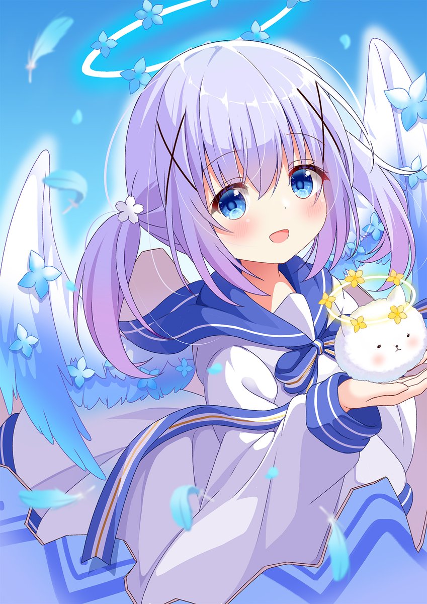 kafuu chino ,tippy (gochiusa) 1girl blue eyes wings angora rabbit halo flower sailor collar  illustration images