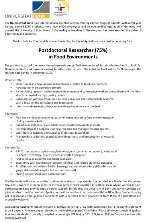If you are interested in food environments or nutrtion policy, I am hiring a postdoc to work on behavioral research in supermarket and similar settings and a PhD in nutrition policy focusing on food environments and policy pespectives. Feel free to contact me: dlemken@gwdg.de