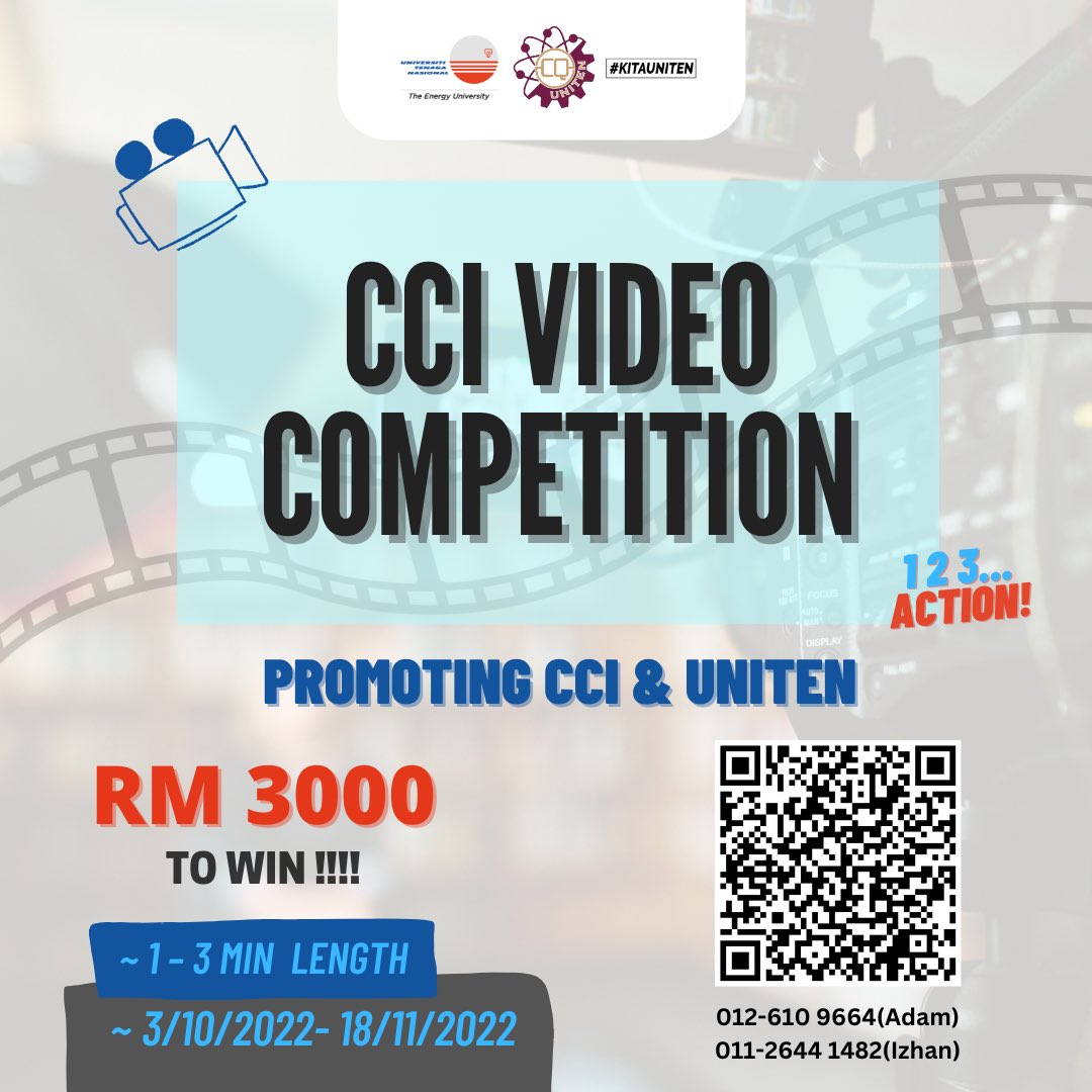 clicq_uniten's tweet photo. Are you interested in videography? 📹
Want to win a big cash prize with only shoot a short video?🤑

CLICQ in collaboration with CCI is organizing a video competition freely open to all UNITEN’s students!🤩
(1/3) https://t.co/FM5psQqDDe