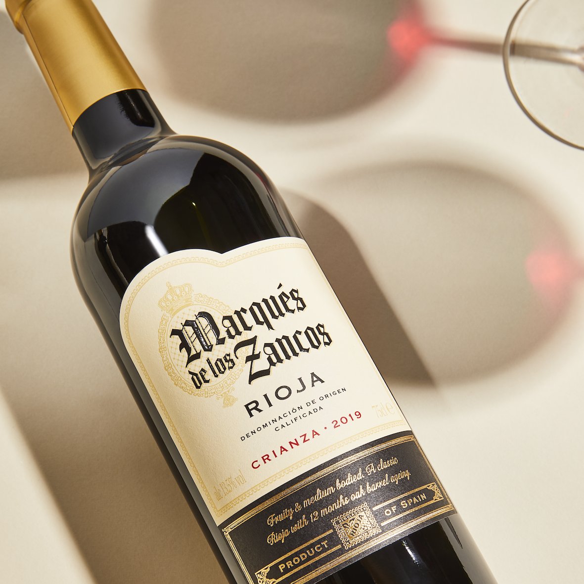 Our design for <a href="/Tesco/">Tesco</a> Marqués de los Zancos wines encompasses the strong sense of character, history &amp; heritage of the Rioja region. Ornate detail, borders, a crest &amp; gold foil, with a distinctive label shape emphasise quality #BeyondTheLabelDesign #branddesign #wine #Rioja