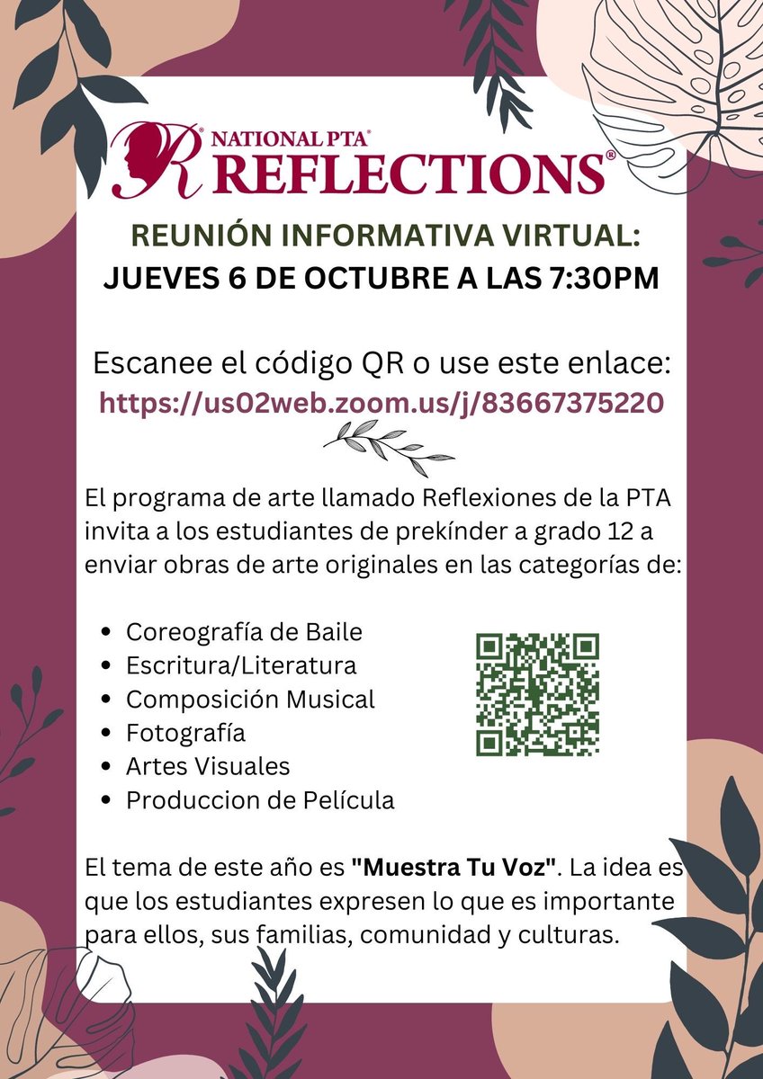 Bailey’s Elementary Schools PTA (@baileys_pta) on Twitter photo Aprenda del concurso de artes!
REUNIÓN INFORMATIVA VIRTUAL:
JUEVES 6 DE OCTUBRE A LAS 7:30PM
<a href="/BaileysES_FCPS/">Bailey's Elementary School for the Arts & Sciences</a>
Escanee el código QR o use este enlace:
us02web.zoom.us/j/83667375220 Aprenda del concurso de artes!
REUNIÓN INFORMATIVA VIRTUAL:
JUEVES 6 DE OCTUBRE A LAS 7:30PM
<a href="/BaileysES_FCPS/">Bailey's Elementary School for the Arts & Sciences</a>
Escanee el código QR o use este enlace:
us02web.zoom.us/j/83667375220