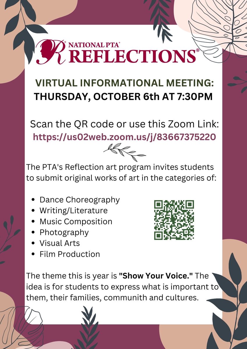 Bailey’s Elementary Schools PTA (@baileys_pta) on Twitter photo Come find out about Reflections art contest! <a href="/BaileysES_FCPS/">Bailey's Elementary School for the Arts & Sciences</a>
VIRTUAL INFORMATIONAL MEETING:
THURSDAY, OCTOBER 6th AT 7:30PM
Scan the QR code or use this Zoom Link:
us02web.zoom.us/j/83667375220 Come find out about Reflections art contest! <a href="/BaileysES_FCPS/">Bailey's Elementary School for the Arts & Sciences</a>
VIRTUAL INFORMATIONAL MEETING:
THURSDAY, OCTOBER 6th AT 7:30PM
Scan the QR code or use this Zoom Link:
us02web.zoom.us/j/83667375220