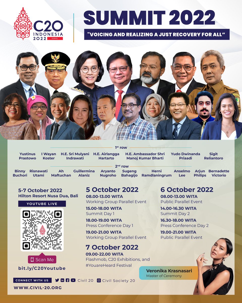 C20EG's tweet photo. Towards the G20 Summit in November 2022, the C20 will hold a summit in Bali as the culmination of a series of C20 activities to respond to the G20 meetings under the presidency of Indonesia. Save the date and be a part of us!

#YouAreHeard #C20 #C20forG20 #G20 #CivilSociety https://t.co/SiBhZB6TqJ