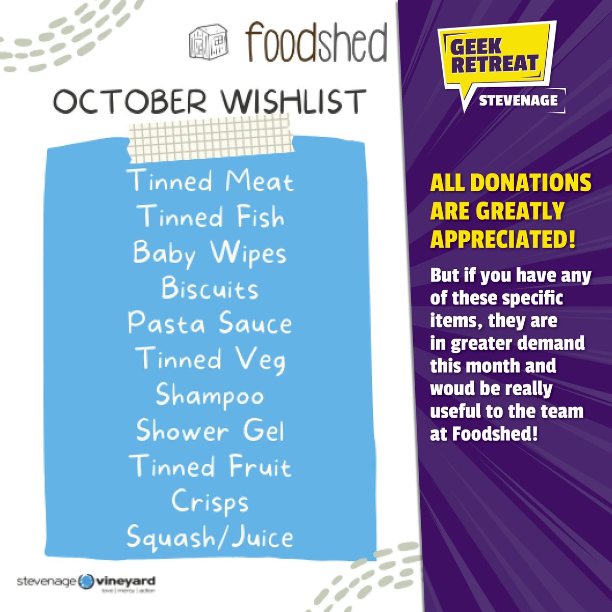 grstevenage's tweet photo. It’s a new month, so there’s a new wishlist from the lovey folks over at #foodshedstevenage!

If you have any of the items listed that you’re able to donate to their food bank scheme, you can pop them into our donation basket in store! 💜💛 https://t.co/IusxWEjDPD