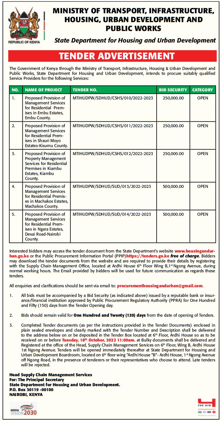 State Dept for Housing and Urban Development KE on Twitter "Tender