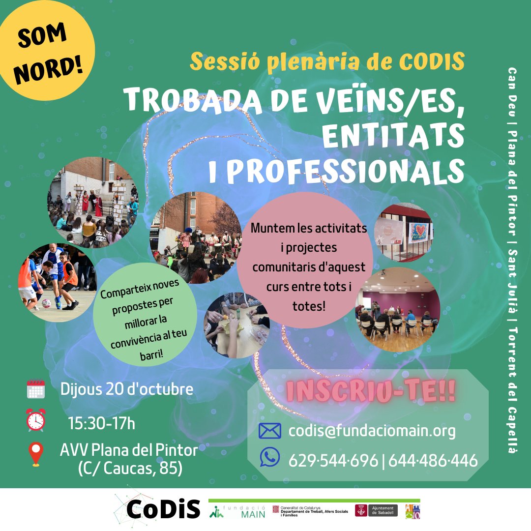 📢Ha començat un nou curs i amb aquest la PRIMERA PLENÀRIA de CODIS🤩

💡Vine a muntar les activitats i projectes comunitàries del curs, participa i digues la teva!

Inscriu-te❗️Entre tots i totes construïm el Projecte CODIS❗️

#SomNord
#FemBarri

⬇️⬇️⬇️