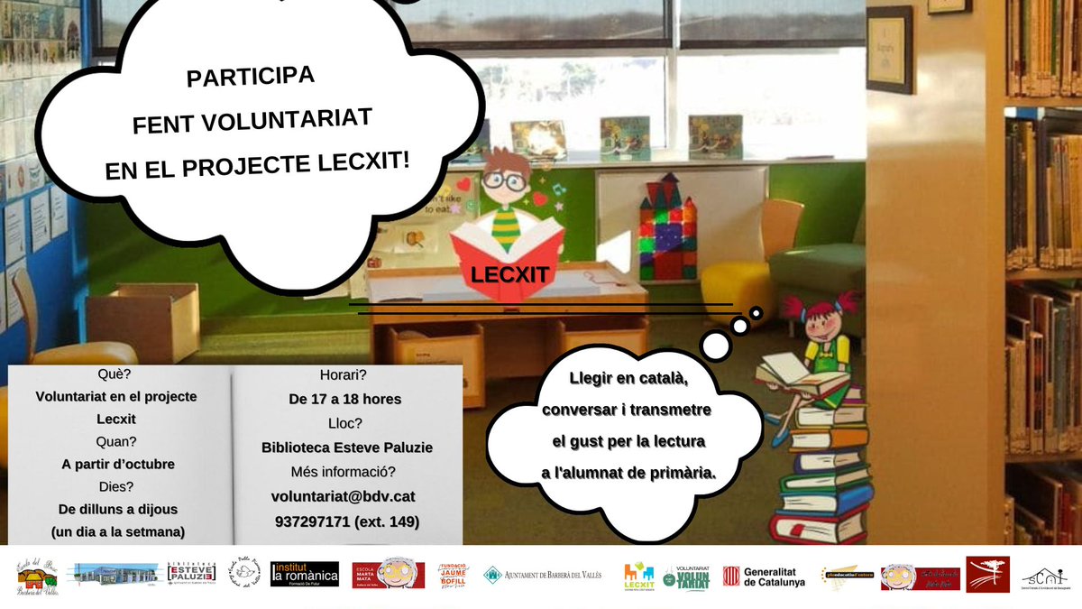 📖 Llegir, conversar i transmetre el gust per la #lectura!

👍 Participa en el projecte <a href="/lecxit/">LECXIT</a> per als #infants!

📅 T'esperem una tarda a la setmana, dilluns, dimecres i dijous, de 17 a 18 h a <a href="/BiblioBarbera/">Biblio Barberà</a>  

ℹ️ voluntariat@bdv.cat, 93 729 71 71 ext.149