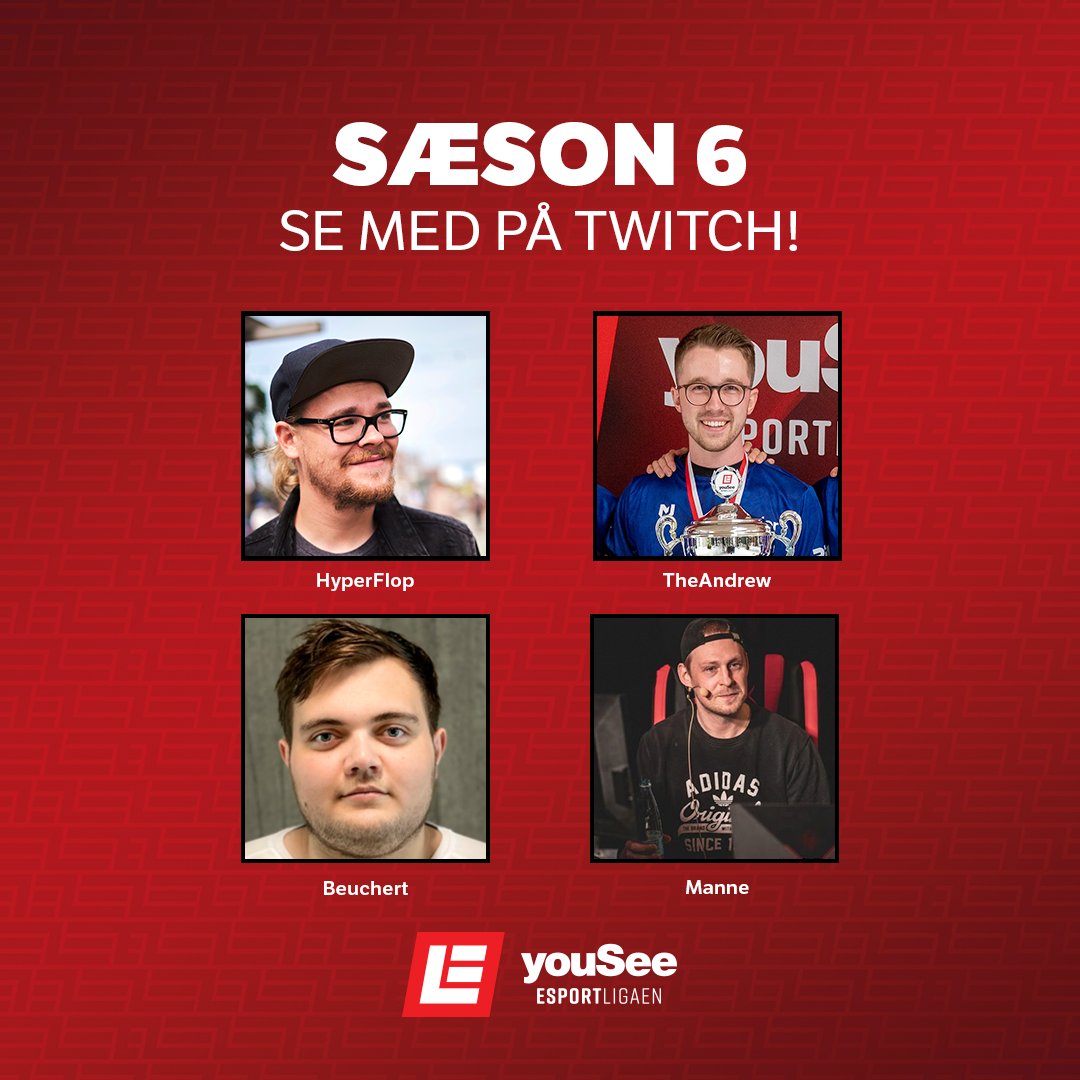 Esportligaen.dk (@esportligaendk) on Twitter photo Så er vores caster-lineup klar til Sæson 6 i YouSee eSportligaen!💪
Vores dygtige castere, <a href="/BeuchertG/">BeuchertGaming</a> og <a href="/ItsManneGG/">MVNNE</a>, som i kender fra forrige sæson. Derudover to nye ansigter i form af <a href="/HyperFl0p/">HyperFlop</a> og <a href="/TheAndrewCS/">Andreas Løvig Borg</a>.
Vi ser frem til en kanonfed sæson!🔥
twitch.tv/esportligaentv1 Så er vores caster-lineup klar til Sæson 6 i YouSee eSportligaen!💪
Vores dygtige castere, <a href="/BeuchertG/">BeuchertGaming</a> og <a href="/ItsManneGG/">MVNNE</a>, som i kender fra forrige sæson. Derudover to nye ansigter i form af <a href="/HyperFl0p/">HyperFlop</a> og <a href="/TheAndrewCS/">Andreas Løvig Borg</a>.
Vi ser frem til en kanonfed sæson!🔥
twitch.tv/esportligaentv1