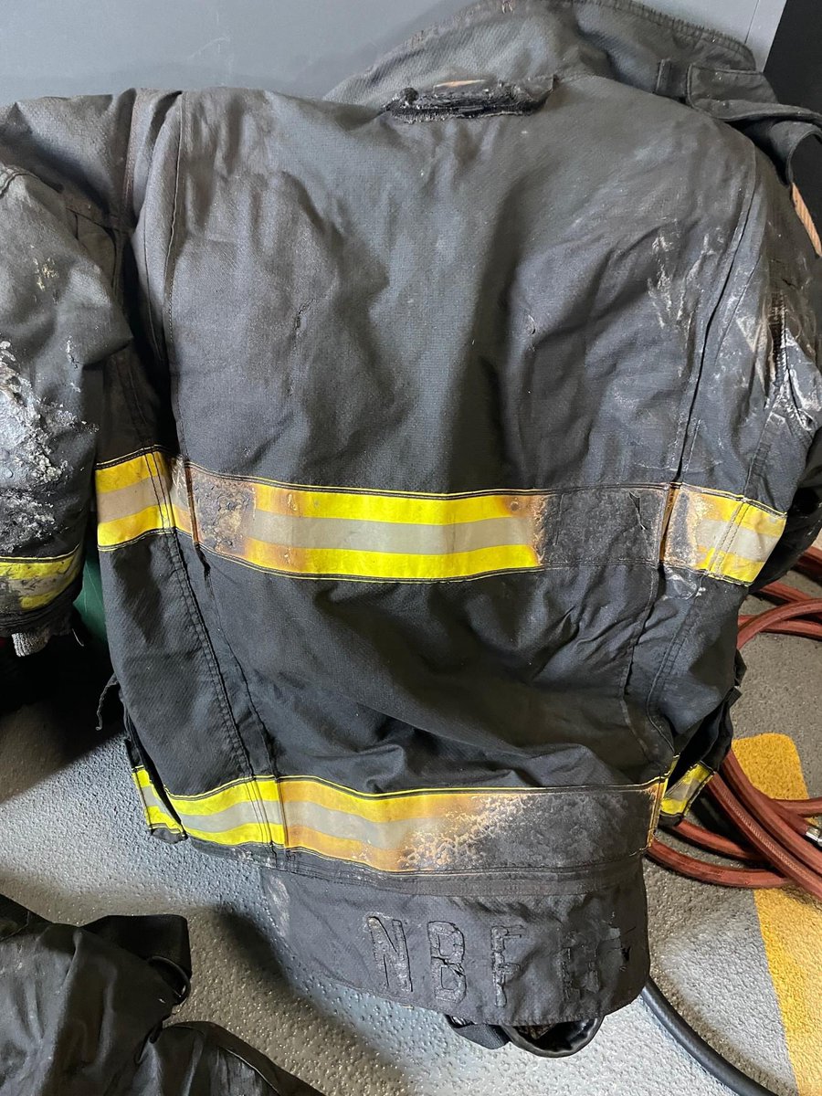 THE_PFFM's tweet photo. A closer look at the gear of the New Bedford Firefighters IAFF Local 841 member that used his body to shield a victim being rescued from a fire yesterday. We wish a speedy recovery to the victim and the L841 member. https://t.co/N9fwUSWDB6