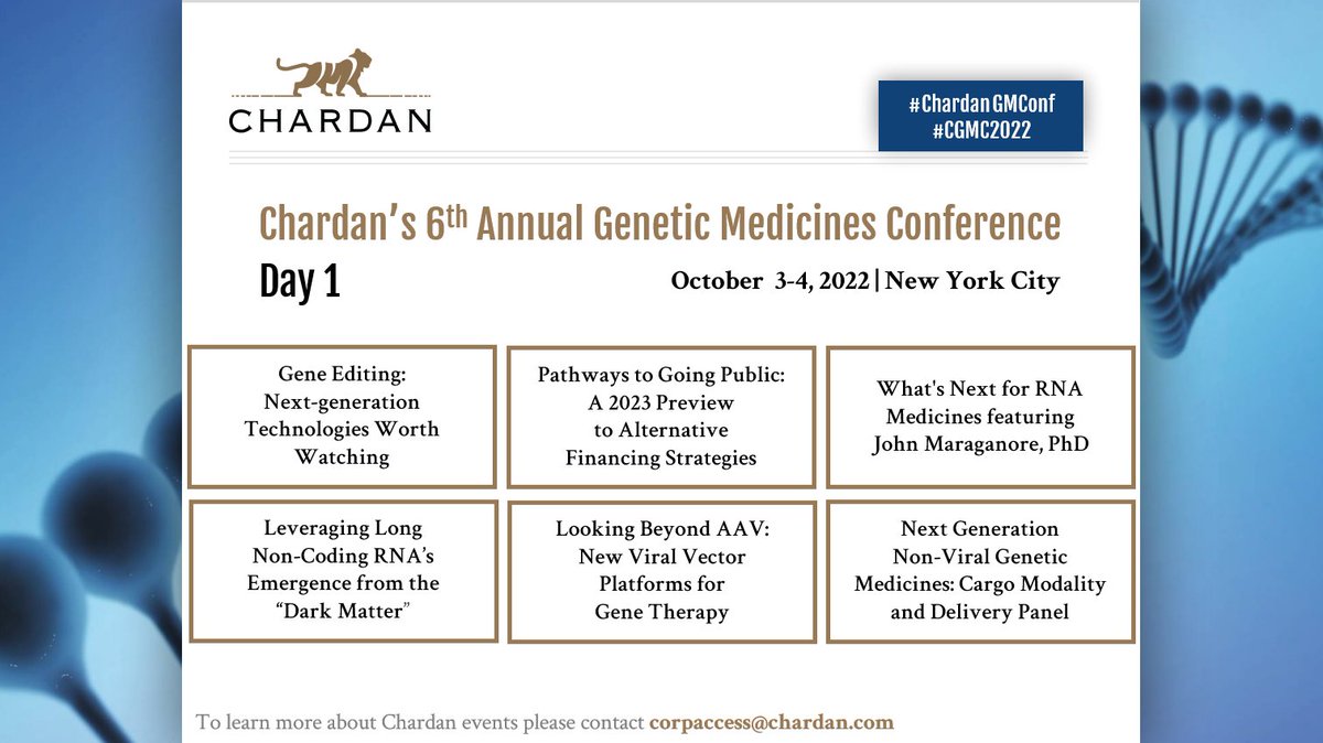 ChardanCM's tweet photo. Yesterday kicked off Chardan's 6th Annual #GeneticMedicines Conference! We heard from executives at 40+ companies through fireside chats, presentations, 1x1 meetings, panels, &amp; our KOL John Maraganore, PhD. For more information, contact CorpAccess@Chardan.com. #ChardanGMConf https://t.co/65qKqSkkhn