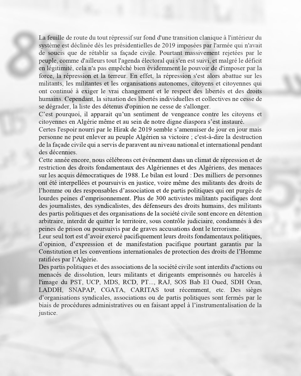 SOS_Disparus's tweet photo. 📢 DÉCLARATION
Le 4 octobre 2022.
#05Octobre1988 - #05_Octobre 2022; Le long chemin du peuple Algérien pour le recouvrement de ses droits.
Les organisations signataires :
- #CFDA,
- #SOS_DISPARUS,
- #LADDH,
- #RIPOSTE_INTERNATIONALE,
- #SNAPAP,
- #CGATA.
#détenus_d_opinion https://t.co/kEByCyrch2