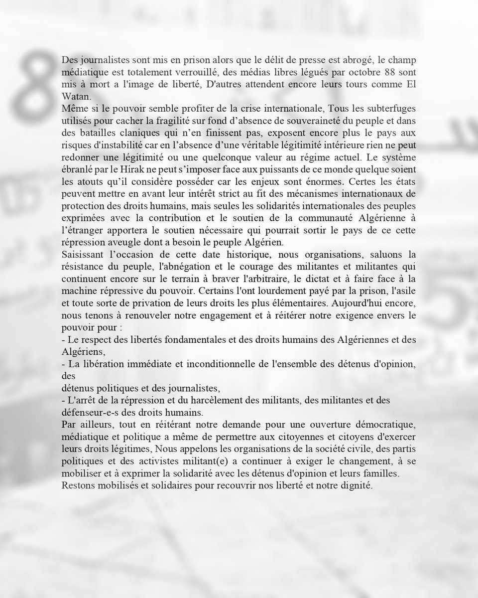SOS_Disparus's tweet photo. 📢 DÉCLARATION
Le 4 octobre 2022.
#05Octobre1988 - #05_Octobre 2022; Le long chemin du peuple Algérien pour le recouvrement de ses droits.
Les organisations signataires :
- #CFDA,
- #SOS_DISPARUS,
- #LADDH,
- #RIPOSTE_INTERNATIONALE,
- #SNAPAP,
- #CGATA.
#détenus_d_opinion https://t.co/kEByCyrch2