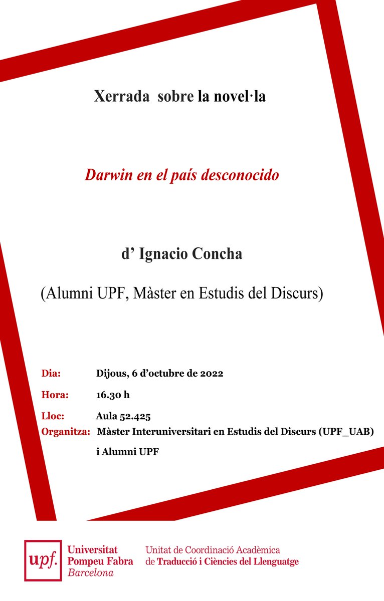 alumniUPF's tweet photo. 📚 Ignacio Concha (@Iconchar), #alumniUPF del Màster en Estudis del Discurs, parlarà aquest dijous sobre el seu llibre “Darwin en el país desconocido”.
🗓️ 06/10, 16.30 h
📌 Aula 52.425, Campus del Poblenou
Aquesta activitat és oberta a tota la #ComunitatUPF. No te la perdis! https://t.co/0jLc9Bxiwl