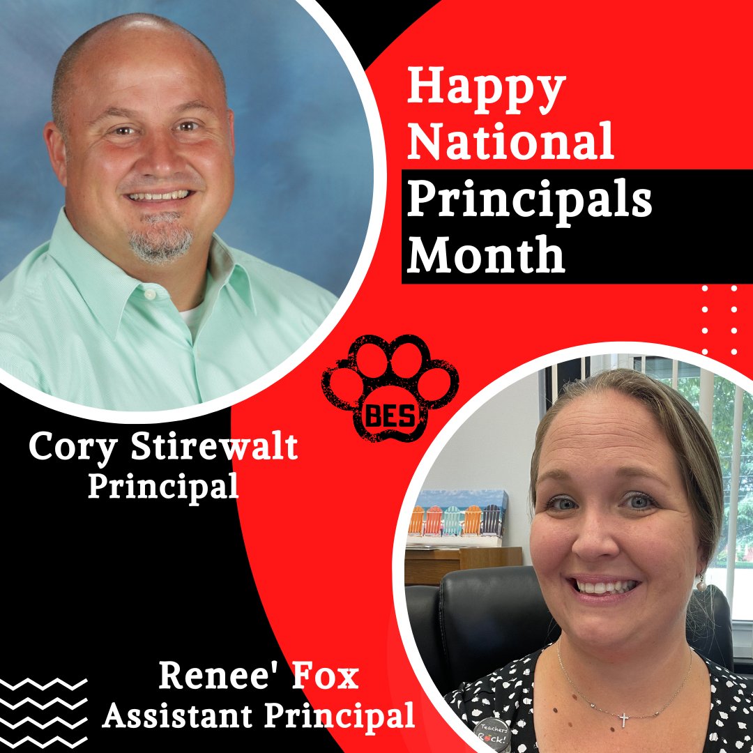 Happy #NationalPrincipalsMonth to our wonderful principal and assistant principal! Mr. Stirewalt and Ms. Fox are always there for students and staff whatever the need may be. We appreciate their hard work and leadership every day! <a href="/BES_PrincipalCS/">Cory Stirewalt</a> <a href="/RFoxEducator/">Renee Fox</a>