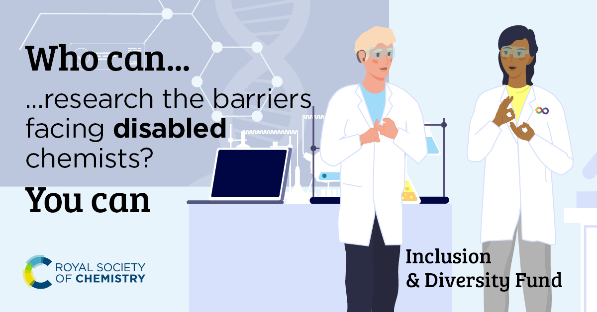Dr Stephen Hendry CChem MRSC (@drstephenhendry) on Twitter photo The <a href="/RoySocChem/">Royal Society of Chemistry</a> Inclusion and Diversity Fund: disability & accessibility special call
Up to £5,000 available for projects to improve disabled inclusion & accessibility in the chemical sciences
Closing date 13 Nov <a href="/aud2526/">Dr Audrey Cameron, OBE, HonFRSC</a> <a href="/jane_essex/">Jane Essex</a> <a href="/ZJAyres/">Dr Zoë Ayres</a>
👇👇👇👇
rsc.org/prizes-funding… The <a href="/RoySocChem/">Royal Society of Chemistry</a> Inclusion and Diversity Fund: disability & accessibility special call
Up to £5,000 available for projects to improve disabled inclusion & accessibility in the chemical sciences
Closing date 13 Nov <a href="/aud2526/">Dr Audrey Cameron, OBE, HonFRSC</a> <a href="/jane_essex/">Jane Essex</a> <a href="/ZJAyres/">Dr Zoë Ayres</a>
👇👇👇👇
rsc.org/prizes-funding…