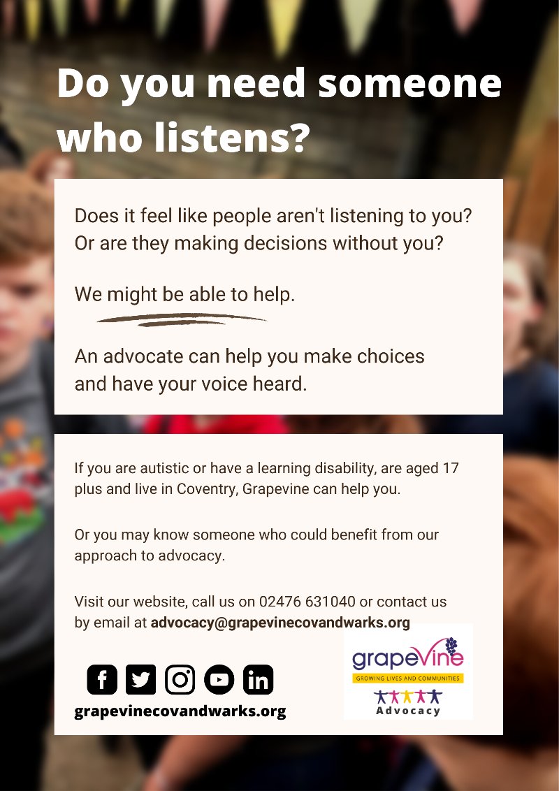 grapevinecandw's tweet photo. #Coventry organisations are starting to ask for flyers to refer people they work with to our free new #advocacy service for #autistic and #LearningDisabled people in the city. We're pleased word is getting out there. Is there anyone you know that we could help? Get in touch! https://t.co/roXdmhXKC9