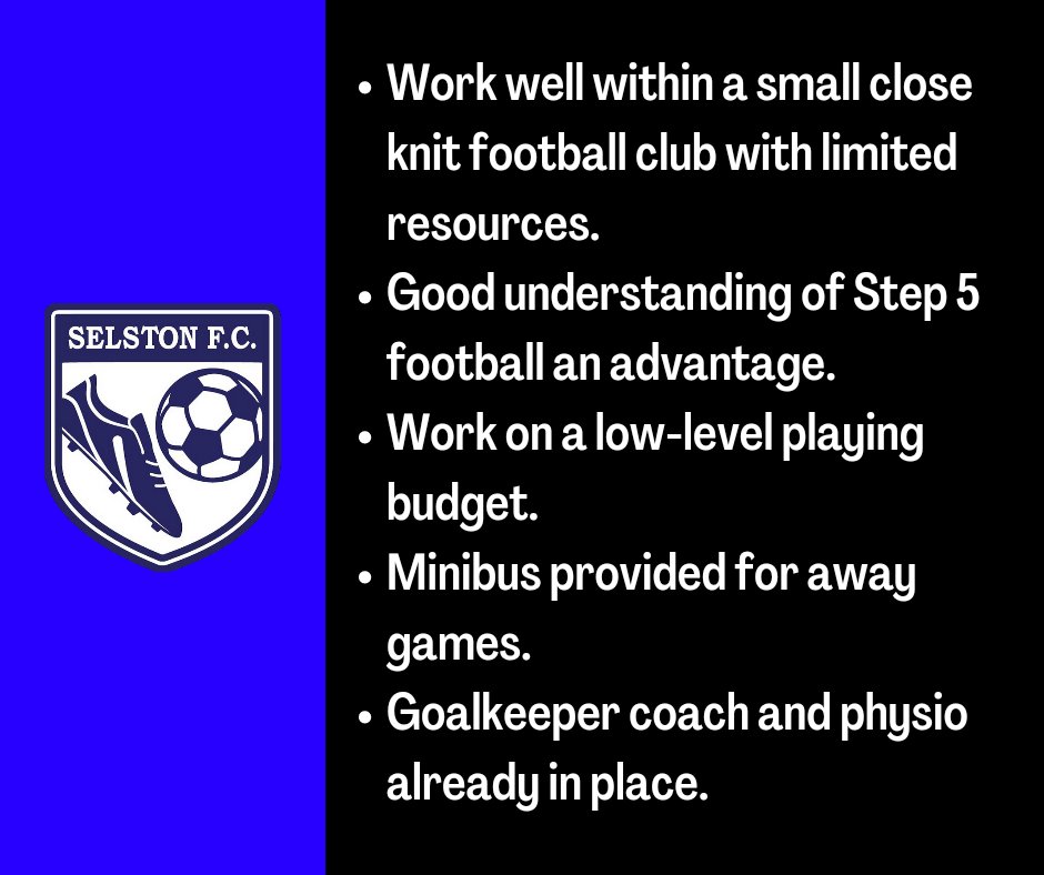 👤 | 𝗠𝗔𝗡𝗔𝗚𝗘𝗥𝗜𝗔𝗟 𝗩𝗔𝗖𝗔𝗡𝗖𝗬

Selston FC are inviting applications for the role of First Team Manager. In the first instance please apply in writing to Secretary Adam Gregory at adamrovers@hotmail.com, outlining experience.

Closing date Thursday 6th October 8pm #SFC