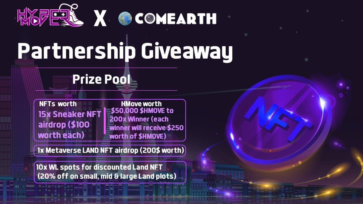 🚀 <a href="/hypermove_io/">Abhi Nav</a>  x  <a href="/ComearthHQ/">Comearth | Closed Beta Live</a> 🤝🏻

🎉 To celebrate the partnership with <a href="/hypermove_io/">Abhi Nav</a> 
🎁 We are giving away $50,000 worth of $HMOVE Tokens &amp; $2100 worth of #NFTs

To Enter:
✅Finish Gleam Tasks: 
comearth.ly/hypermove-x-co…

#Giveaway #GiveawayAlert #Partnership #Web3 #Metaverse