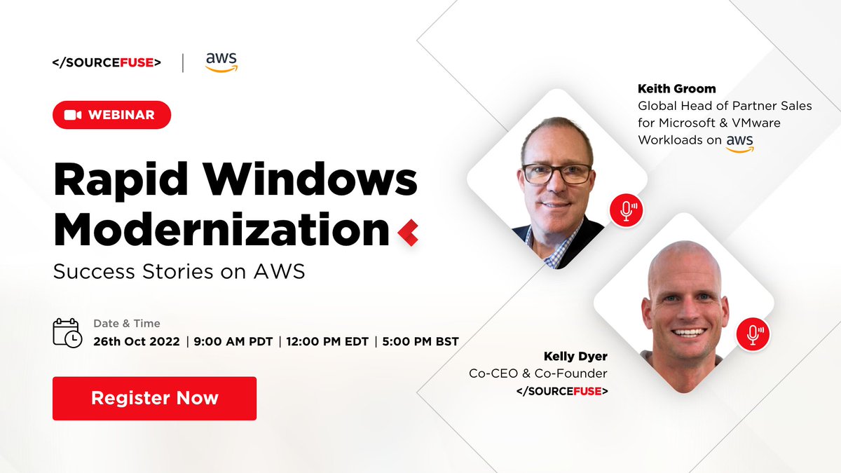 SourceFuse's tweet photo. Join #Keith Groom, Global Head of Partner Sales for Microsoft &amp; VMware Workloads, @awscloud &amp; #Kelly Dyer, Co-CEO &amp; Co-Founder, @SourceFuse, as they talk about advancing your #Windows modernization strategy on AWS. Register Now: https://t.co/cyn0XHTIzK
@dotnetonAWS @AWS_Partners https://t.co/5QzqBvmTIf