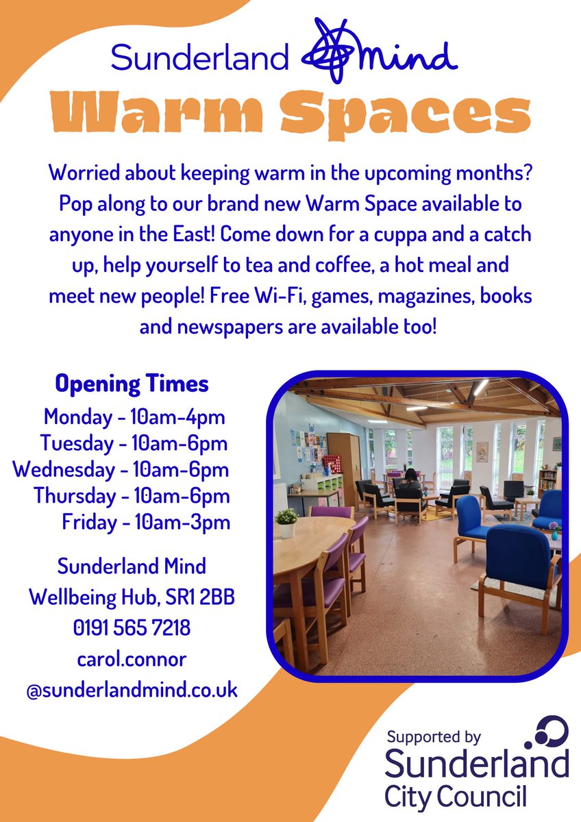 Our Warm Space is now available weekdays thanks to funding from <a href="/SunderlandUK/">Sunderland UK</a>  Pop in for a cuppa, chat and keep warm in our cosy space. We have plenty to read and free Wi-Fi too! 💙 #warmspaces #sunderland #community #wellbeing  #together