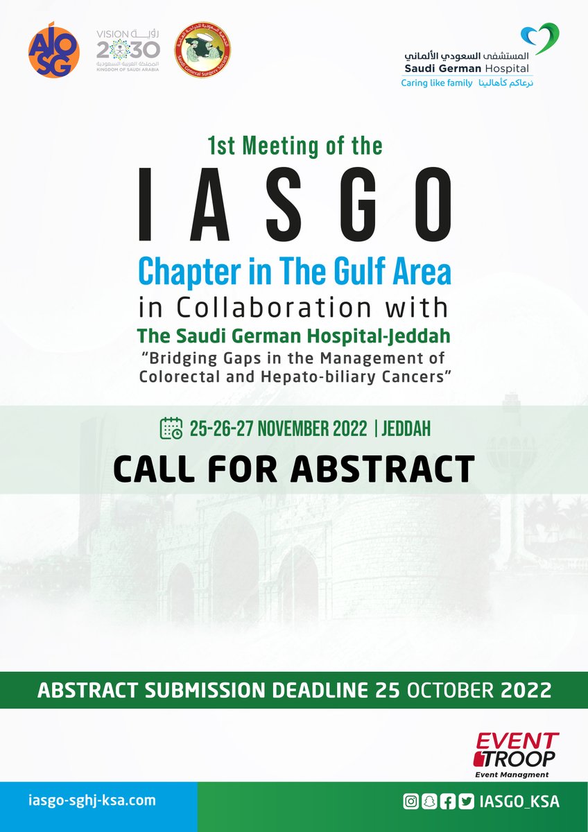 EventTroop's tweet photo. Call for Abstract #IASGO

1st Conference of the IASGO Chapter In The Gulf Area
@sghjeddah @IASGO_Gulf_SGH #SaudiGermanHealth

⚠️ Abstract Submission Deadline 25 OCt

📍Jeddah 
🗓Meeting Date 25-27 Nov
✍🏼https://t.co/OIGA6PCgnm
Organized By #EventTroop https://t.co/qyFTG2LCZK