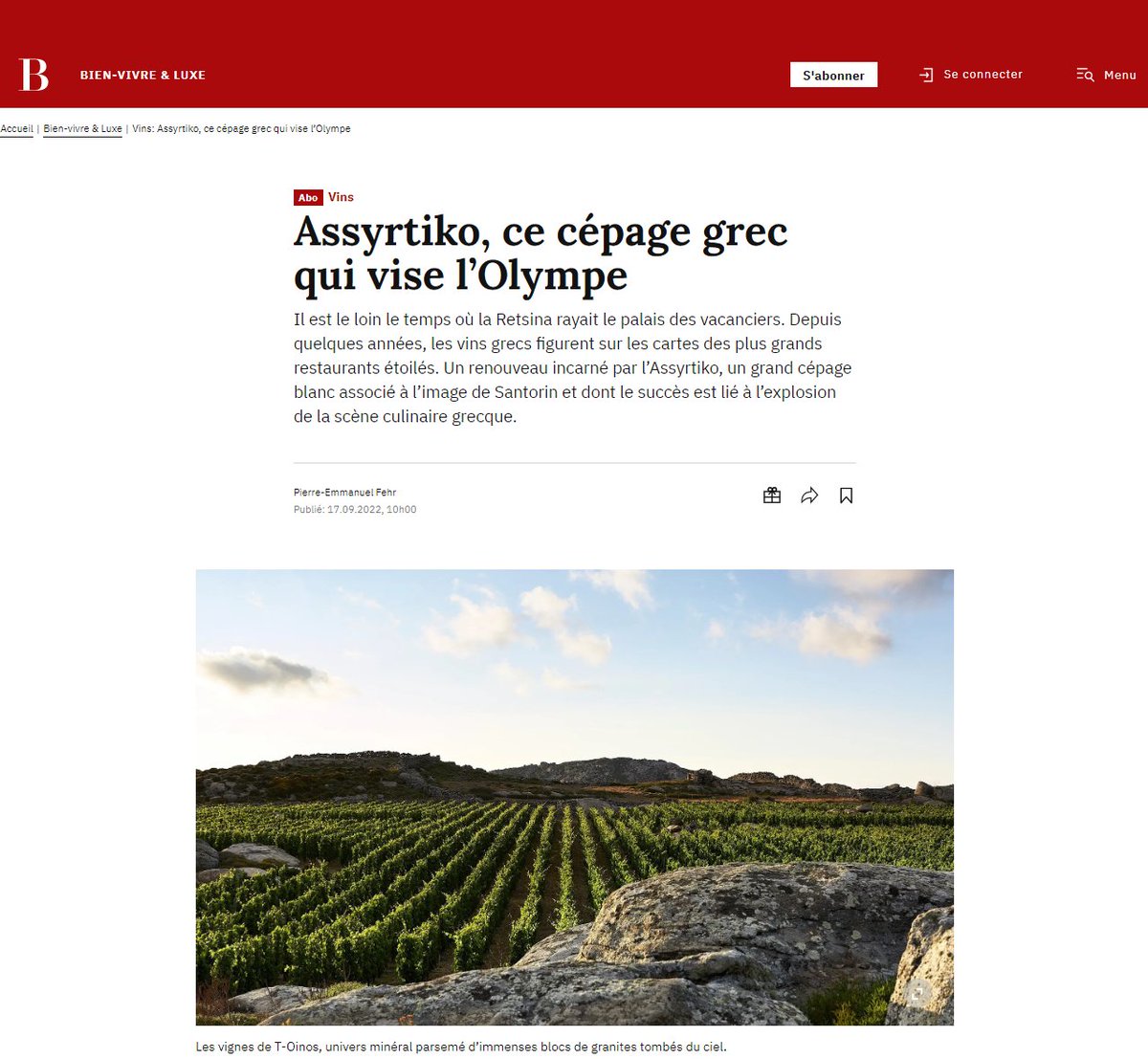 "Ιt is necessary to set foot in the vineyards of T-Oinos, an emblematic estate on the island of Tinos, northwest of Mykonos, to feel the energy of the place." describes Pierre – Emmanuel Fehr at Bilan Magazine &amp; he continues his thoughts about Assyrtiko at bit.ly/3SR0siW_BL