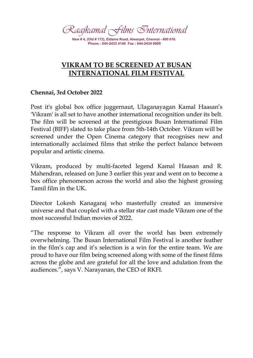 RKFI's tweet photo. We are elated to announce that #Vikram is officially selected to be screened at the 27th Busan International Film Festival, 2022. 

#VikramAtBusanIFF #Ulaganayagan #KamalHaasan #VikramRoaringSuccess

@ikamalhaasan https://t.co/NLuUTXCiW2