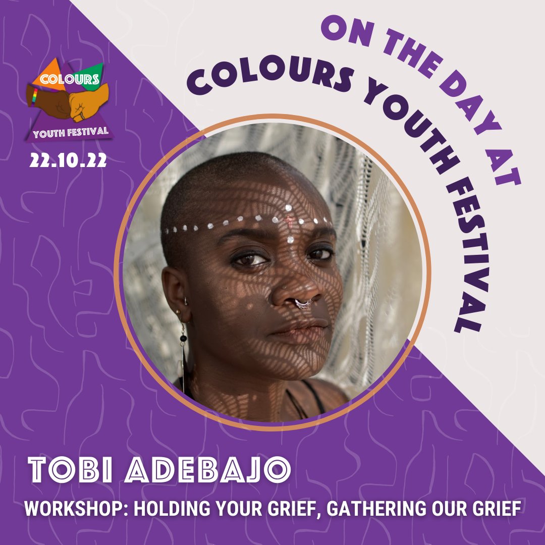 📢Programme Announcement 📢

@tobiadebajo will be holding a workshop on grief and loss at this year's #coloursyouthfestival, a space for us to reflect and connect together.

The festival is a FREE day festival for LGBT+ POC for 16-25 year olds, tix here: tinyurl.com/5fc7hc2z
