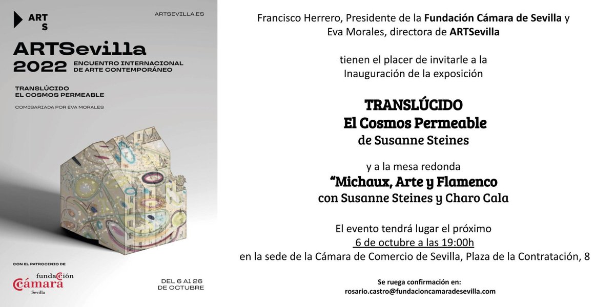 La Fundación <a href="/camaradesevilla/">Cámara de Comercio de Sevilla</a> te invita a la inauguración de la exposición “#𝑇𝑟𝑎𝑛𝑠𝑙𝑢́𝑐𝑖𝑑𝑜. 𝐸𝑙 𝑐𝑜𝑠𝑚𝑜𝑠 𝑝𝑒𝑟𝑚𝑒𝑎𝑏𝑙𝑒” de Susanne Steines, que organiza <a href="/ArtSevilla/">ARTSevilla</a>, Encuentro Internacional de #Arte Contemporáneo.

🗓️El 6 de octubre a las 19:00h. Más info en⤵️