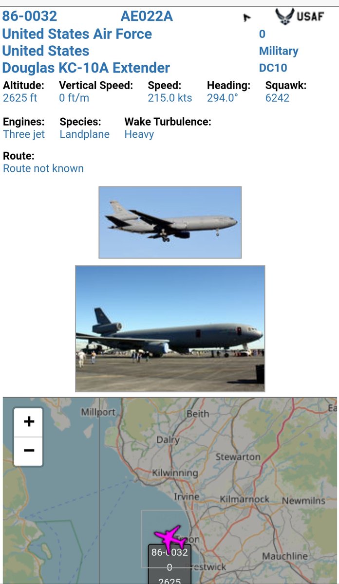 BloodyPolitics's tweet photo. USAF 🇺🇸 KC10 #GOLD04 
86-0032 departs Prestwick for a spot of Air2Air refuelling of the Growler flight. 

#Prestwick #avgeek 

https://t.co/sQsm32FAJA https://t.co/TjZeReddrh