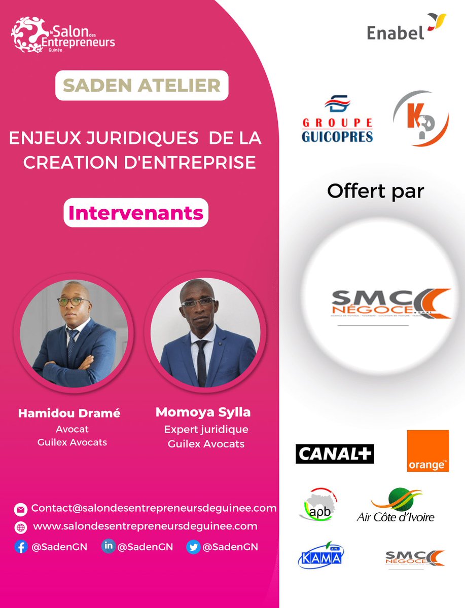 #Saden2022 - #AteliersDuSADEN] 

Pour cet atelier de formation offert par SMC Négoce, nous recevrons Hamidou Dramé et Momoya Sylla, avocats chez <a href="/AvocatsGuilex/">Guilex Avocats</a>. Ils interviendront lors d'une session sur le thème : " Enjeux juridiques de la création et gestion d'entreprise".⤵️
