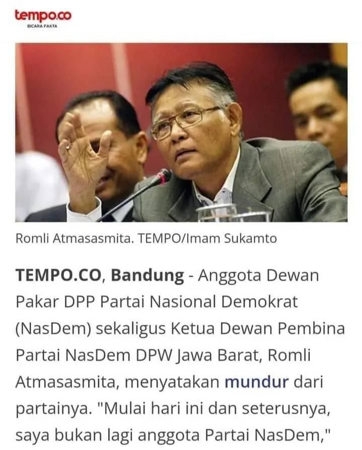 Syarman59's tweet photo. Prof. Romli Atmasasmita menyatakan mundur dari @NasDem 
Kepada @tempodotco Romli mengatakan bahwa dalam kasus formula e telah terjadi tindak pidana korupsi. https://t.co/atPk8fTVDv