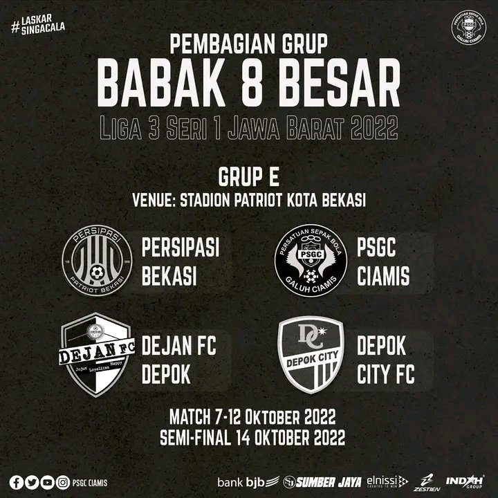 Berikut pembagian babak 8 besar liga 3 seri 1 jabar, #Laskarsingacala berada di grup E 🔥💜

Bissmillah semoga mendapatkan hasil yang maksimal 🤲🙏💜

#laskarsingacala #psgc #psgcciamis #liga3 #liga3jabar
