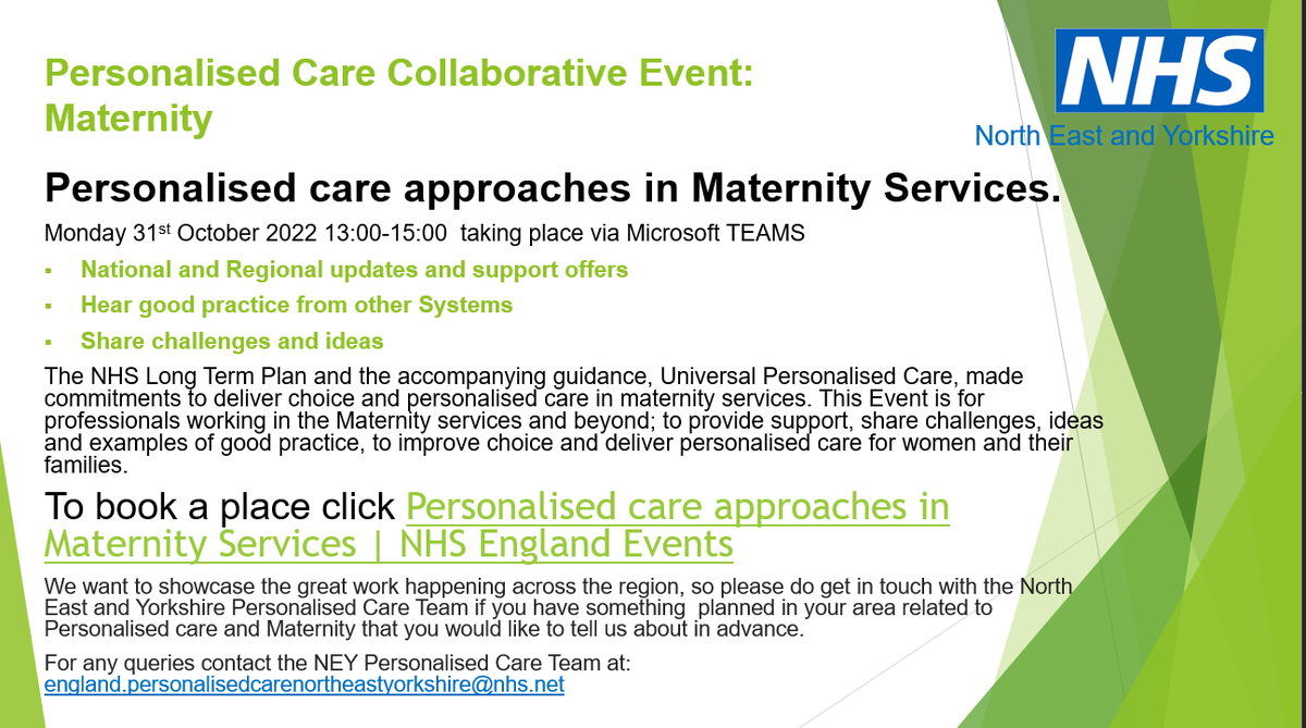 @NHSNEY @Pers_Care team are excited to announce our #materinity & #personalisedcare approaches collaborative. Hear from people with #livedexperience, links to #SPLW, along with National updates & much more. Register here bit.ly/3yawsqk #NEYPersonalisedCare