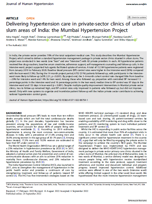 neerajPATH's tweet photo. Our article on delivering hypertension care in private clinics of urban slum areas in Mumbai has been published in the Journal of Human Hypertension

Thank you @DrTomFrieden and @ResolveTSL
 for the partnership and support. 

https://t.co/FnIgSoqtIB https://t.co/jFWaGprXnA