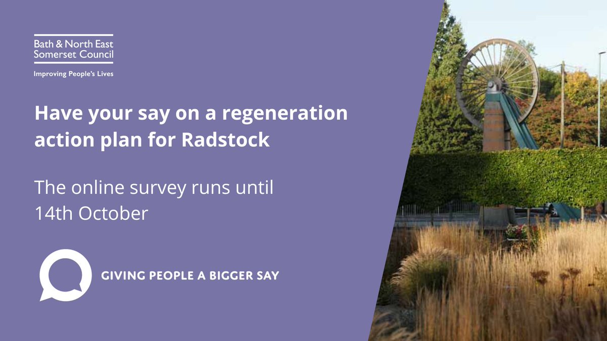 bathnes's tweet photo. Don't forget to have your say in the survey about the creation of a regeneration action plan for Radstock.
The survey closes on 14th Oct
https://t.co/8Uq3H0SAxX https://t.co/Bbx9Hzrg5p