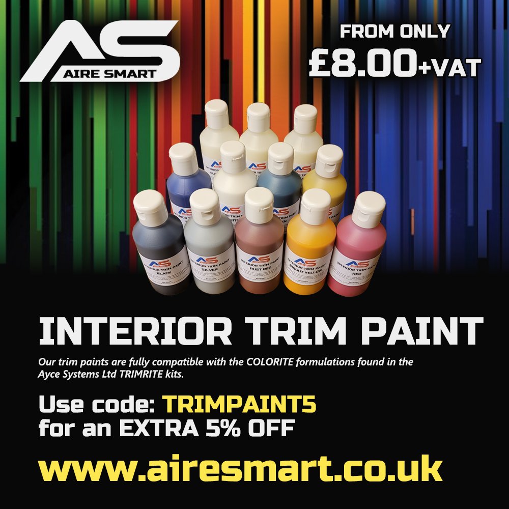 aire_smart's tweet image. 100% compatible with Ayce Systems' Colorite interior trim paint range. From £8+VAT. Enter TRIMPAINT5 at airesmart.co.uk to get extra 5% discount! All colours available, in 100ml or 500ml. Order today for smarter prices! #smartrepairs #trimrepair #trimrite #leatherrepair