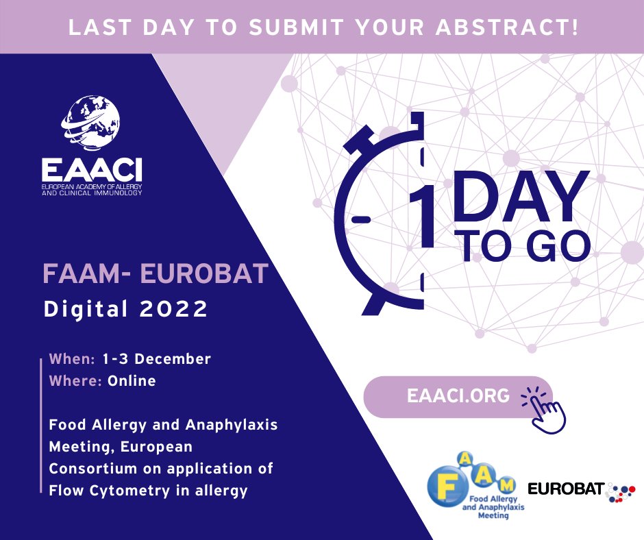 📢One more day to submit your abstract for FAAM-EUROBAT 2022!
Seize this opportunity to present your research at this highly anticipated event, focused on Food Allergy, Anaphylaxis and applications of BAT.
➡️Submit here: ow.ly/JZ6r50L0z3j
#Foodallergy #research #science