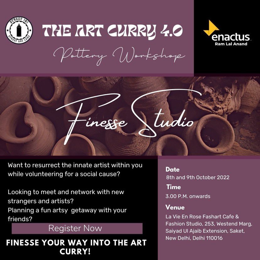 enactus_rlac's tweet photo. The finesse studio X The Art Curry present you with a diverse experience having more than 30+ artists performing #art and #music, a street themed event curated for you to indulge in culture, soulful interactions and chill experience
Register now -lnkd.in/dPAWtqj4
#social #enactus https://t.co/j8upSPDiCa