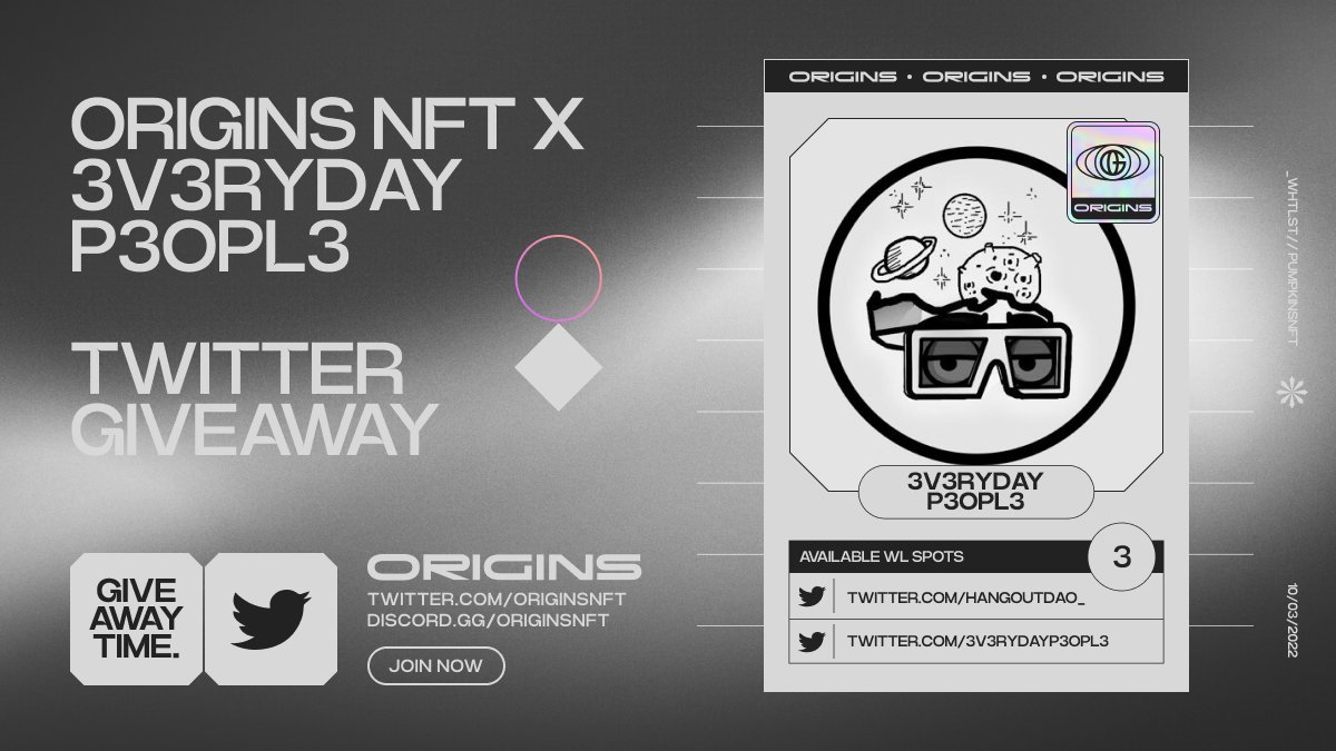 Origins Collabs (@origins_collabs) on Twitter photo Origins x 3V3RYDAY P3OPL3
3v3ryday p3opl3 is a gen2 collection from the HANGOUTDAO team. 3v3ryday p3opl3 nft is centered around the story of every nft degen / trader
3 Spots!
To enter:
1. Follow <a href="/Origins_Collabs/">Origins Collabs</a> & <a href="/3V3RYDAYP3OPL3/">3V3RYDAY P3OPL3</a>
2. Like+RT
3. Tag 3 friends
24 hours! Origins x 3V3RYDAY P3OPL3
3v3ryday p3opl3 is a gen2 collection from the HANGOUTDAO team. 3v3ryday p3opl3 nft is centered around the story of every nft degen / trader
3 Spots!
To enter:
1. Follow <a href="/Origins_Collabs/">Origins Collabs</a> & <a href="/3V3RYDAYP3OPL3/">3V3RYDAY P3OPL3</a>
2. Like+RT
3. Tag 3 friends
24 hours!