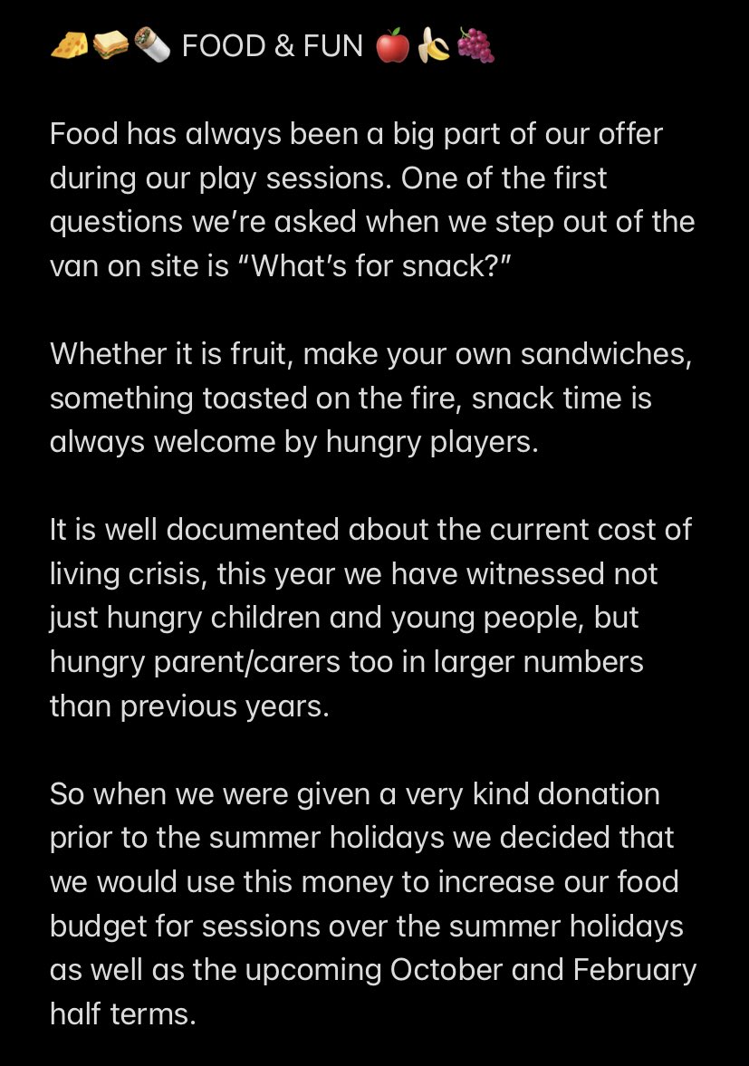 Play_Glos's tweet photo. 🧀🥪🌯 FOOD &amp; FUN 🍇🍎🍌
Thanks to a kind donation we were able to increase our food budget this summer &amp; fed hungry families at our play sessions. We will do the same during Oct &amp; Feb #halfterm

Pls support us to do more:

https://t.co/vsoIUsxTwW

#CharityTuesday #PlayRangers https://t.co/K7hrjBfQGI
