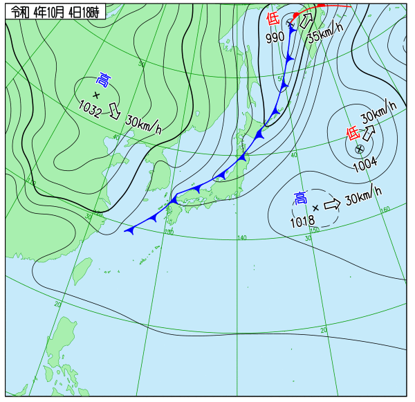 Winter_Monsoon's tweet photo. 【2022-2023冬季始動】10月4日18時の地上天気図じゃ。寒冷前線がジパングを通過中、等圧線縦縞模様が日本海から大陸に確認でき、寒気移流の場じゃ。大陸側は徐々に冷え込み、いよいよ極東アジア域へのわが寒気団始動の時じゃ！ https://t.co/VcjxUDIYq4