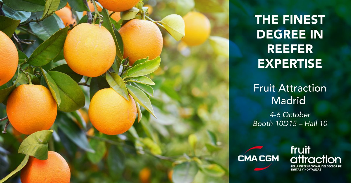 cmacgm's tweet photo. Meet our teams at @fruitattraction! 🍉 Join us in #Madrid, Spain from October 4 to 6. Drop by booth 10D15 – Hall 10 to discover our innovations & products. 🇪🇸❄
#BetterWays #ReeferSolutions https://t.co/W53tHP0j9F