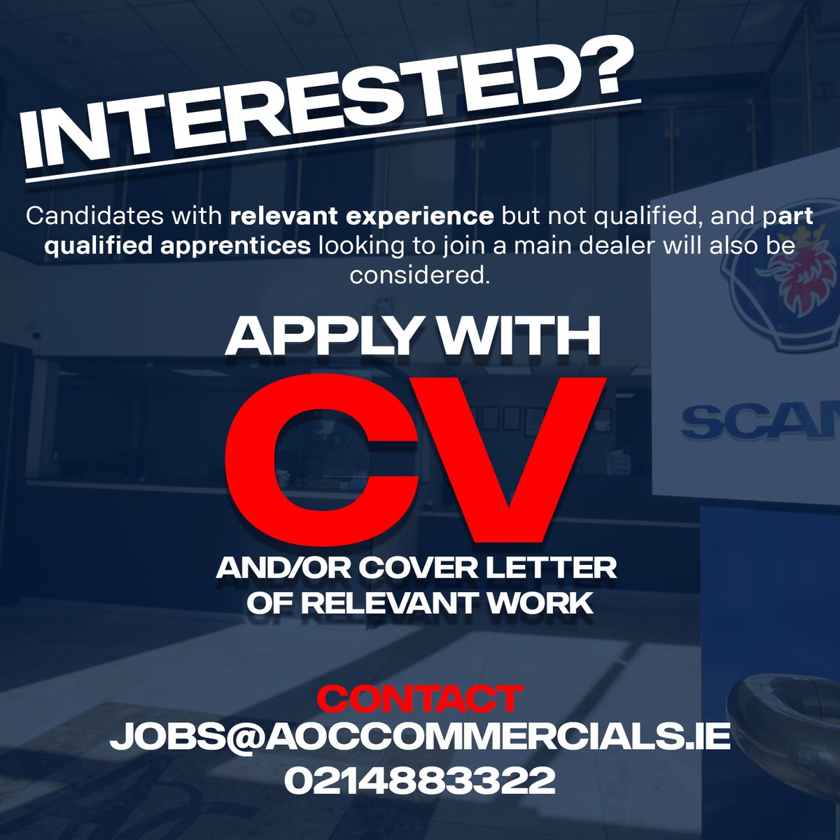 AOC Commercials is hiring! We are currently offering a HGV/Diesel Engine Mechanic role on site in Carrigtwohill! Do you have relevant experience? Get in touch with us through jobs@aoccommercials.ie for more info, send a CV or cover letter of relevant experience to apply!
#Jobs