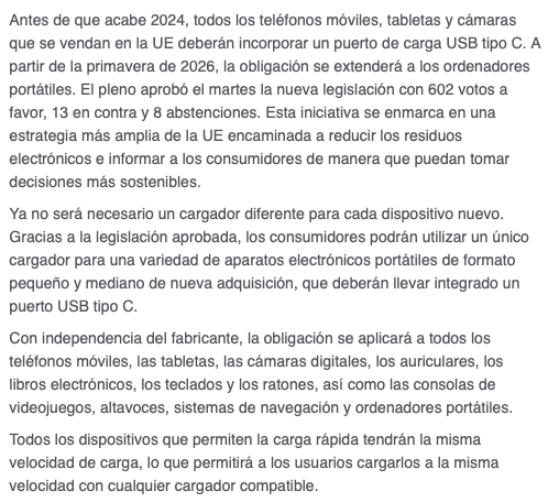 🔌: Parlamento Europeo aprueba regulación de cargador común para dispositivos electrónicos. Para el término de 2024, todos los teléfonos, tablets y cámaras deberán tener cargador USB-C. Desde la primavera de 2026, esta obligación se extenderá a notebooks. europarl.europa.eu/news/es/press-…