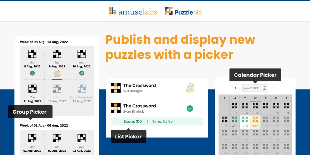 AmuseLabs's tweet photo. Releasing new puzzles is made convenient with #PuzzleMe pickers. Select from a variety that suits your publishing needs. Simply embed the picker on your landing page once and each new puzzles from the same series reflect in it automatically.
Explore more: https://t.co/F96Wo58lnG https://t.co/J00dSxESKB