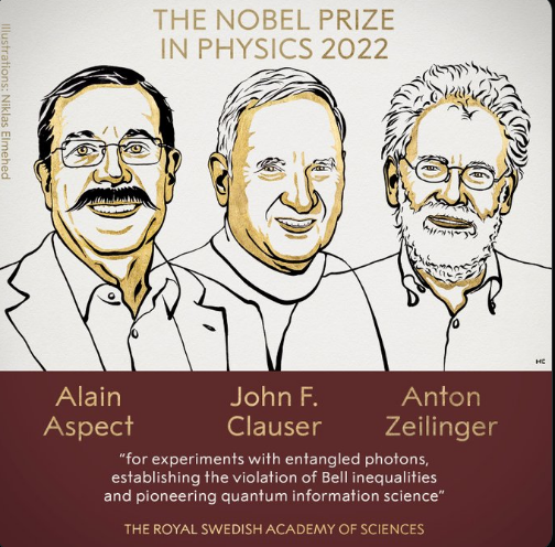 bgreene's tweet photo. The 2022 Nobel Prize in Physics has been awarded to Alain Aspect, John Clauser and Anton Zeilinger for their profoundly important work in quantum entanglement, which has changed our conception of reality. https://t.co/l2Bngt2lZc